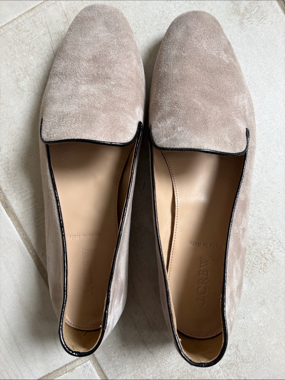J. Crew Taupe Suede Slip-On Loafers with Black Piping